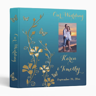 1" Teal, Gold Floral, Butterfly Wedding Binder