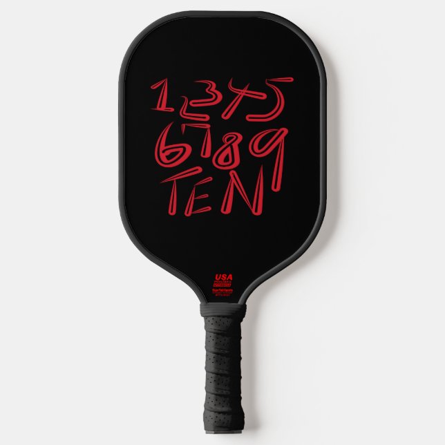 1 Thru Ten Typography In Red On Black Pattern Pickleball Paddle (Front)