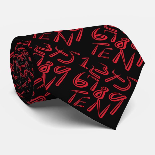 1 Thru Ten Typography In Red On Black Pattern Tie (Rolled)