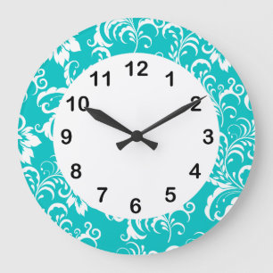 1 Wall Clock Teal Blue White Damask Floral