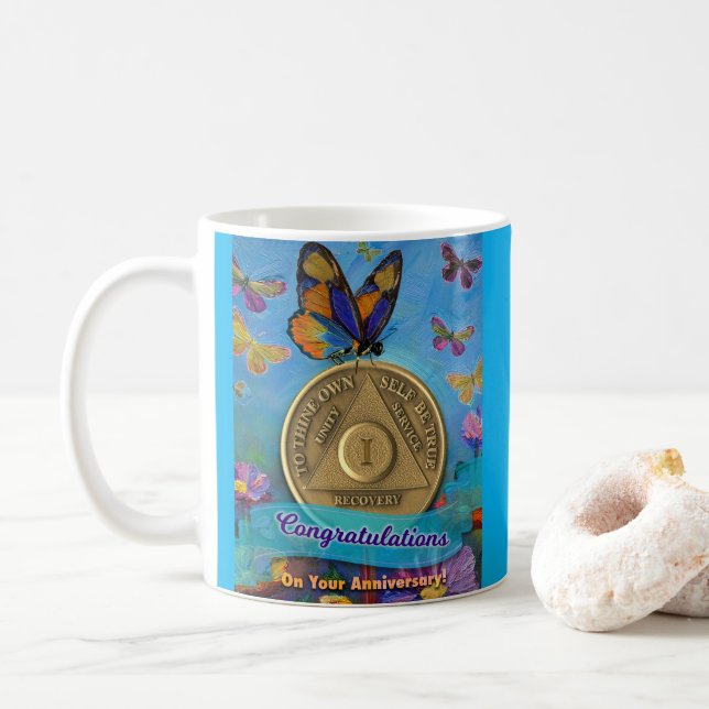 1 Year AA Coin Congratulations Butterflies Coffee Mug (With Donut)