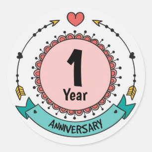 1 Year Anniversary with Hearts and Arrows Classic Round Sticker