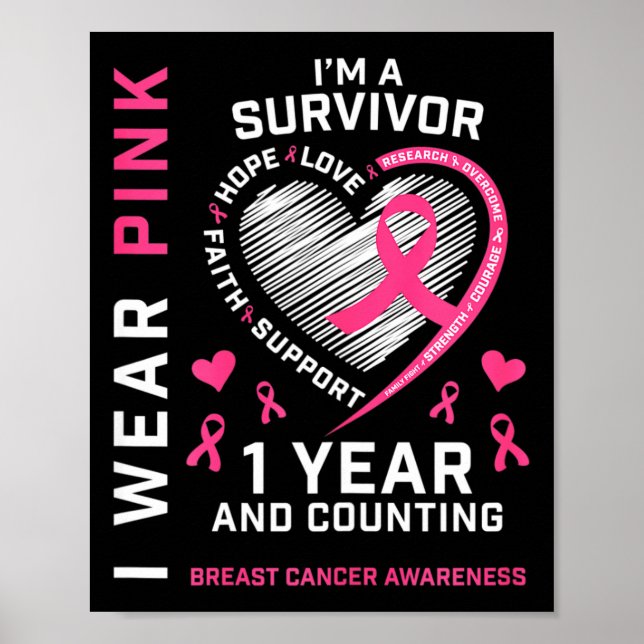 1 Year Cancer Free Mom Pink Awareness Breast Cance Poster (Front)