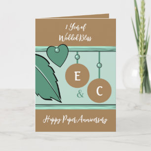 1 year paper anniversary initials green brown card