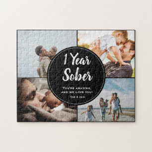 1 Year Sober, 4 Photo Collage, Custom Name Jigsaw Puzzle