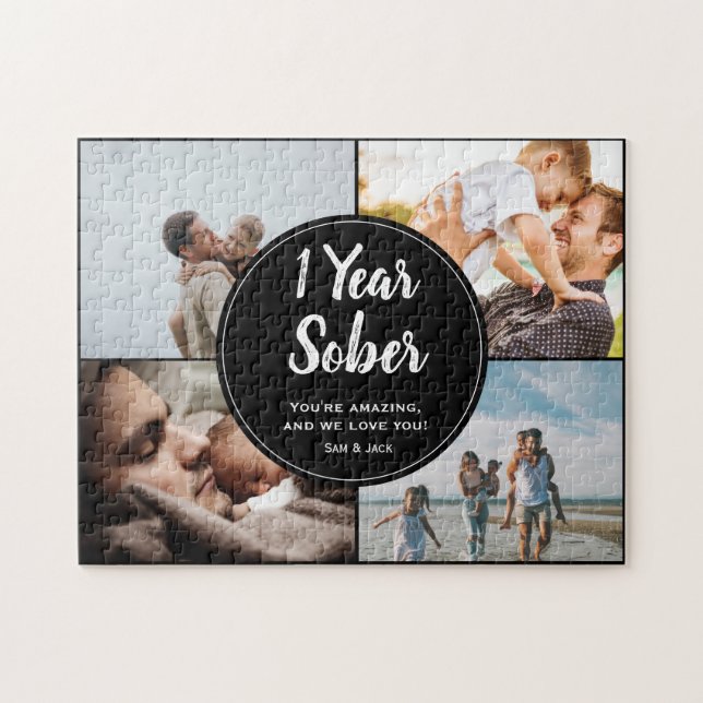 1 Year Sober, 4 Photo Collage, Custom Name Jigsaw Puzzle (Horizontal)