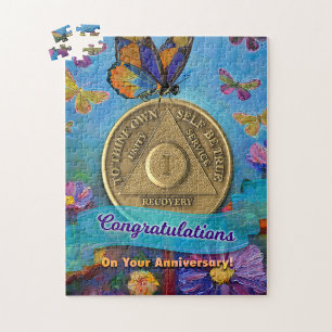 1 Year Sober Anniversary Coin Butterflies Flowers Jigsaw Puzzle