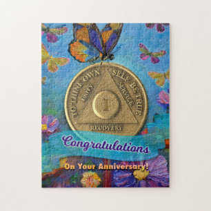 1 Year Sober Anniversary Coin Butterflies Flowers Jigsaw Puzzle