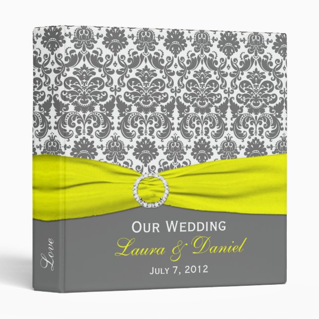 1" Yellow, Grey, and White Damask Wedding Binder (Front/Spine)