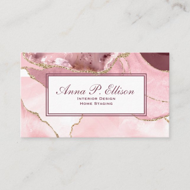 1A-Rose Blush And Gold Glitter Agate Business Card (Front)