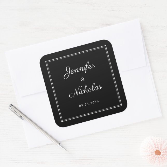 1Elegant  Black And White Script Wedding Square Sticker (Envelope)