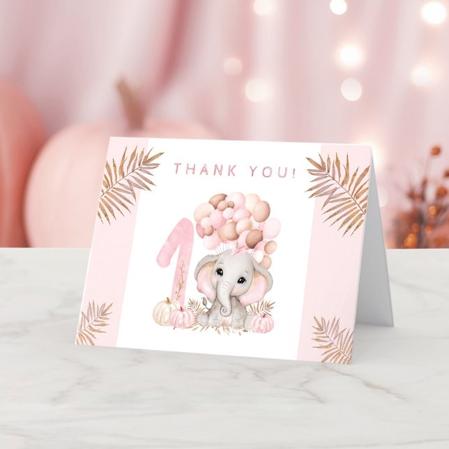 1er anniversaire automne automne Carte de remercie (1st Birthday Fall Autumn Pink Girl Thank You Card)