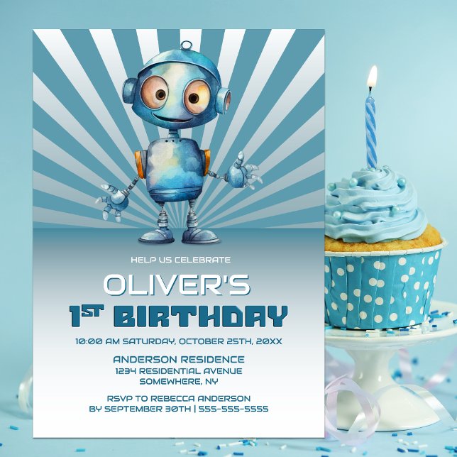 1er Anniversaire Blue Robot Theme Party Invitation (Créateur téléchargé)