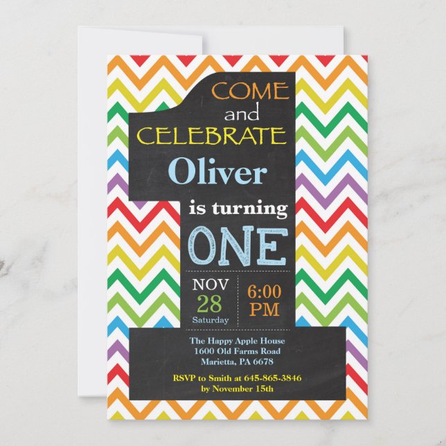 1er Anniversaire Boy Rainbow Chalkboard Invitation (Devant)