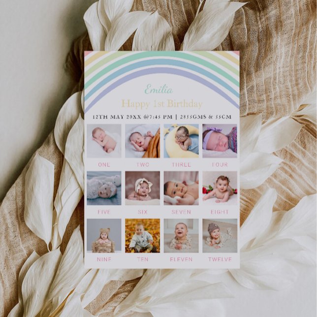 1er anniversaire Carte photo Pastel Rainbow (1st Birthday Photo Board Pastel Rainbow Invitation)