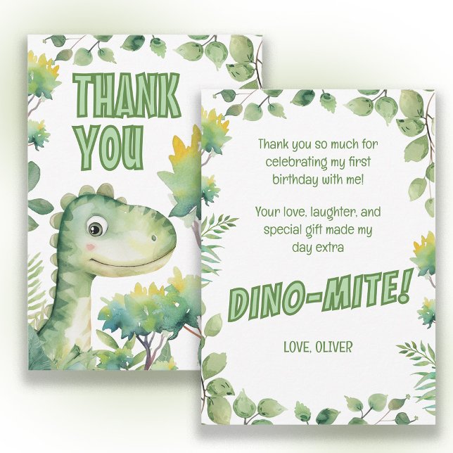 1er anniversaire de bébé dinosaure Dino-Mite Merci (Cute dinosaur 1st birthday party "Thank you" card. )