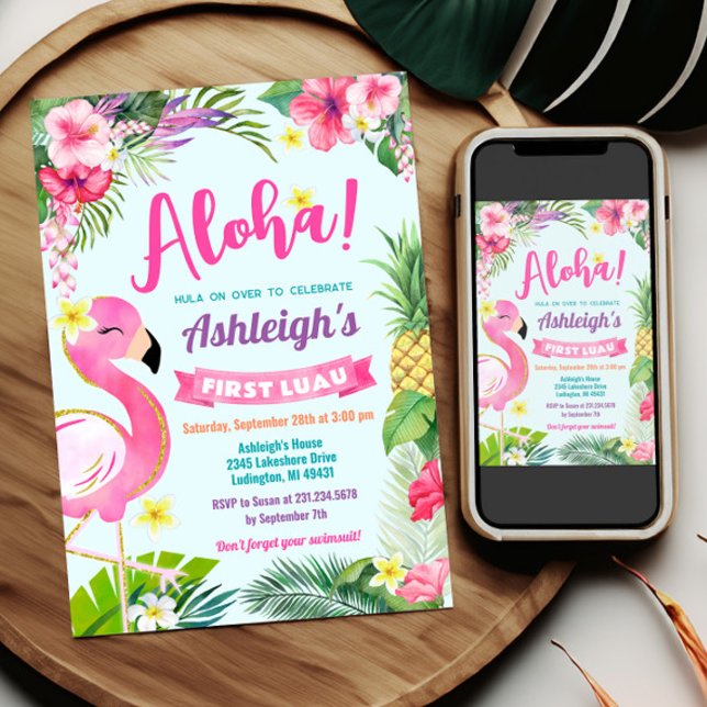 1er Anniversaire de Luau Invitation d'été tropical (1st Luau Birthday Invitation Template - Luau First Birthday - Tropical Birthday Theme)