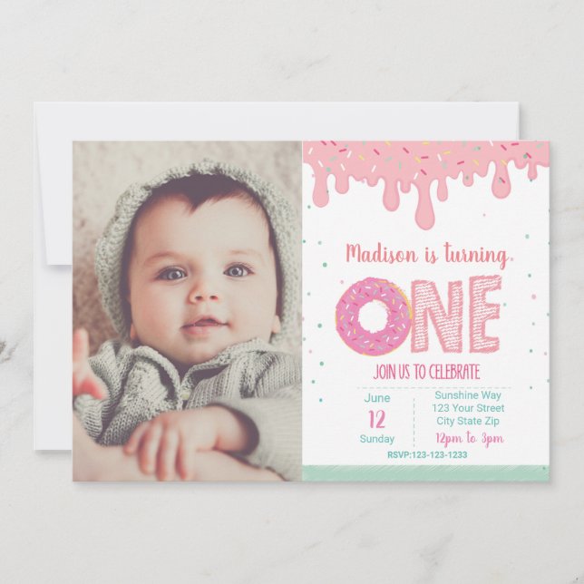 1er anniversaire Donut rose Invitation avec photo (Devant)
