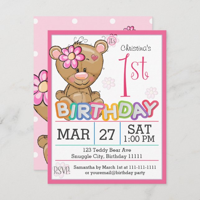 1er anniversaire fête Teddy Bear Invitation (Devant / Derrière)