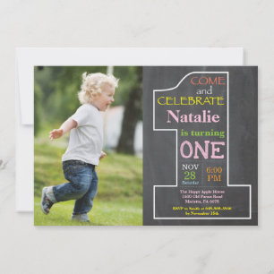 1er Anniversaire Fille Chalkboard Photo Invitation