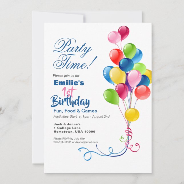 1er anniversaire Invitation avec ballons colorés (Devant)