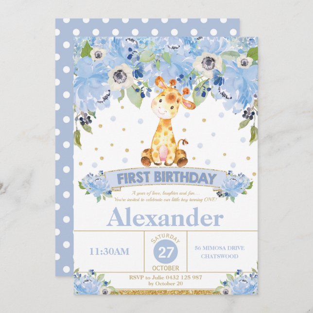 1er anniversaire Invitation Boy Giraffe Blue Flora (Devant / Derrière)