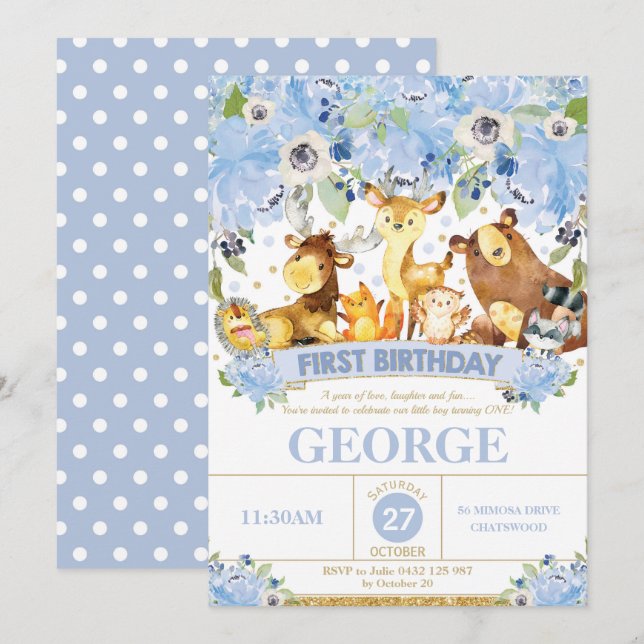 1er anniversaire Invitation Boy Woodland Animals B (Devant / Derrière)