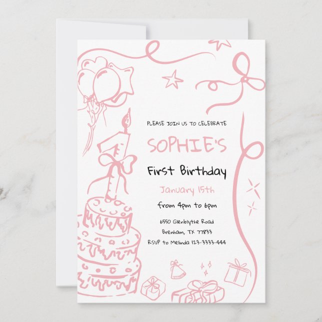 1er Anniversaire Invitation tirée main, Anniversai (Devant)