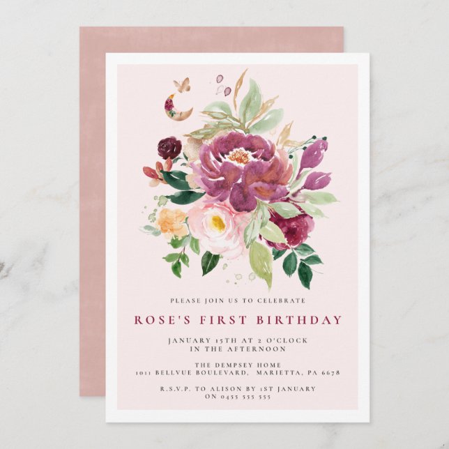 1er anniversaire Invitations | Bouquet safran  (Devant / Derrière)