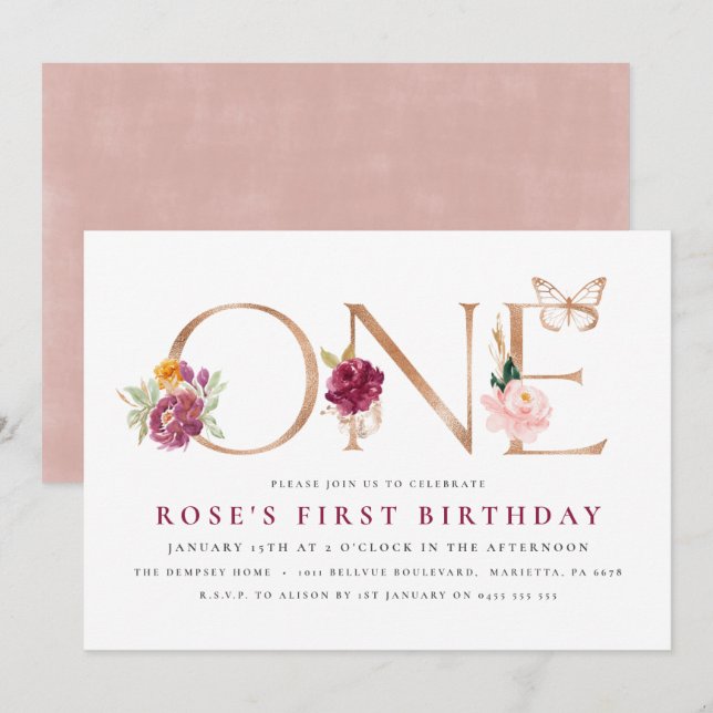 1er anniversaire Invitations | Papillon Rose safra (Devant / Derrière)