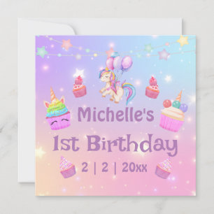 1er anniversaire licornes cupcakes girly carte de 