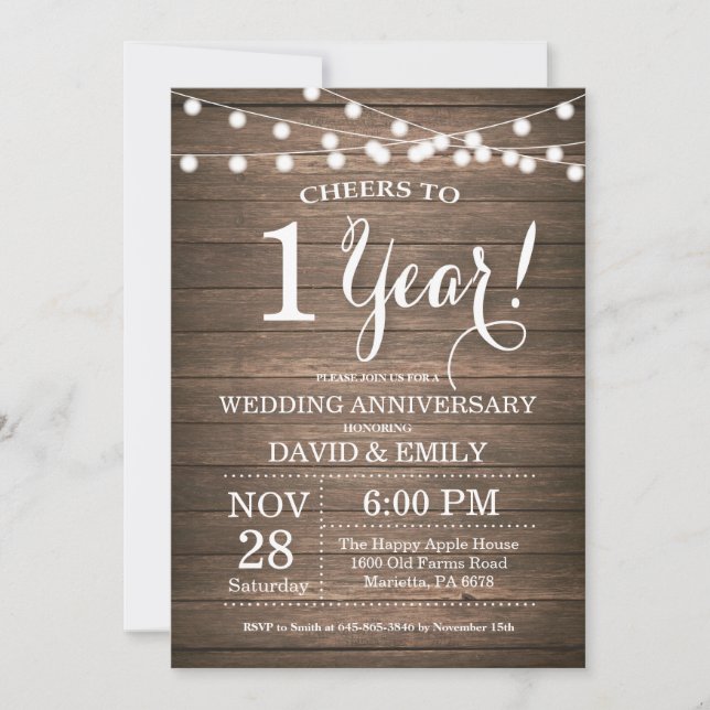 1er anniversaire Mariage Invitation Bois rustique (Devant)