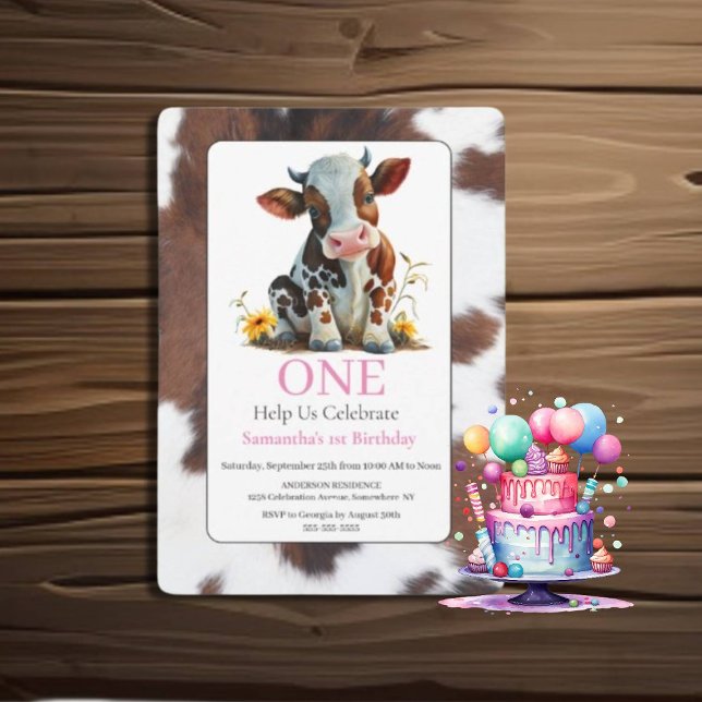 1er anniversaire Pink Baby Cow Invitation (kIDS bIRTHDAY )