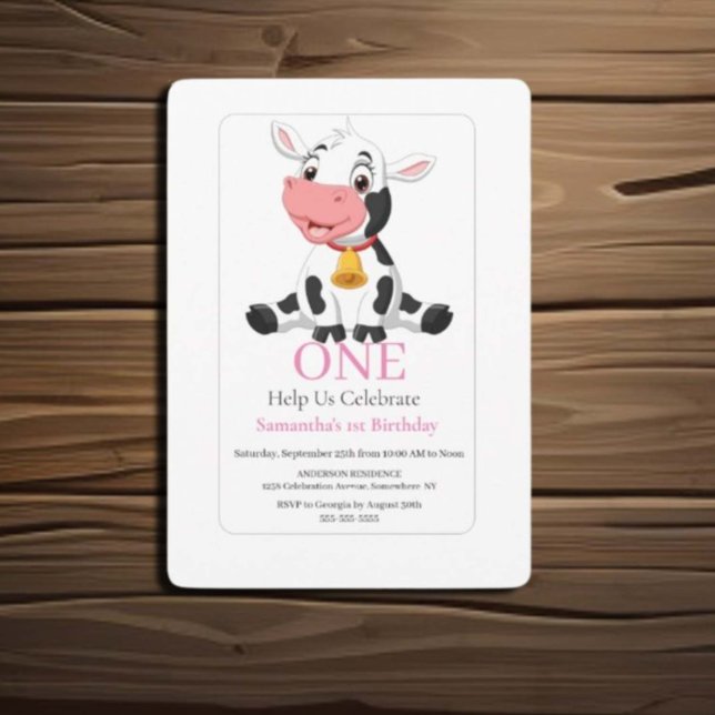 1er anniversaire Pink White Baby Cow Invitation (Créateur téléchargé)
