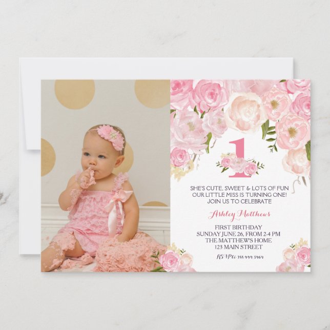 1ER anniversaire PREMIER BELLE Invitation Florale, (Devant)