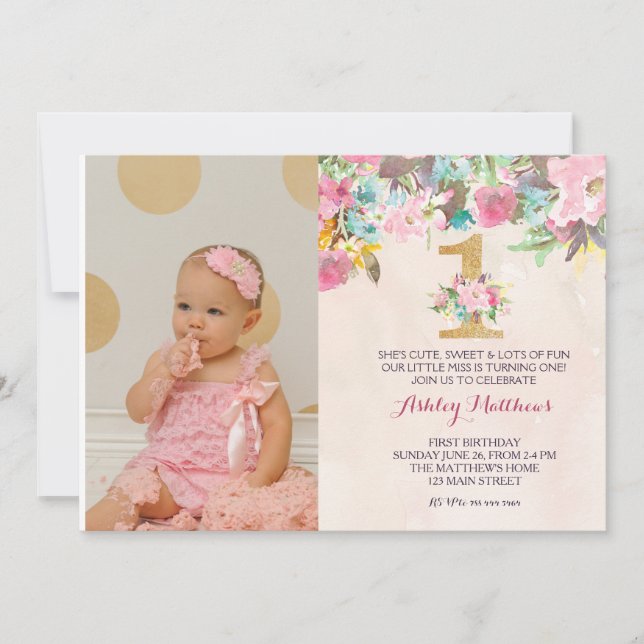 1ER anniversaire PREMIER BELLE Invitation Florale, (Devant)
