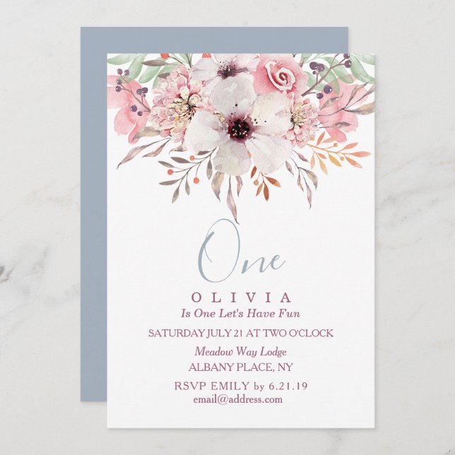 1er Anniversaire Rose Aquarelle Florale Invitation (Devant / Derrière)