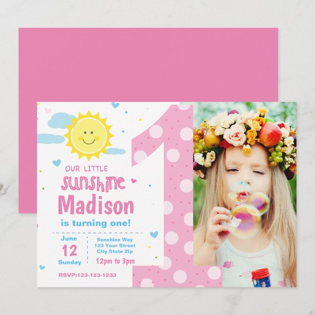 1er anniversaire Sunshine Party invitation avec ph (Devant / Derrière)