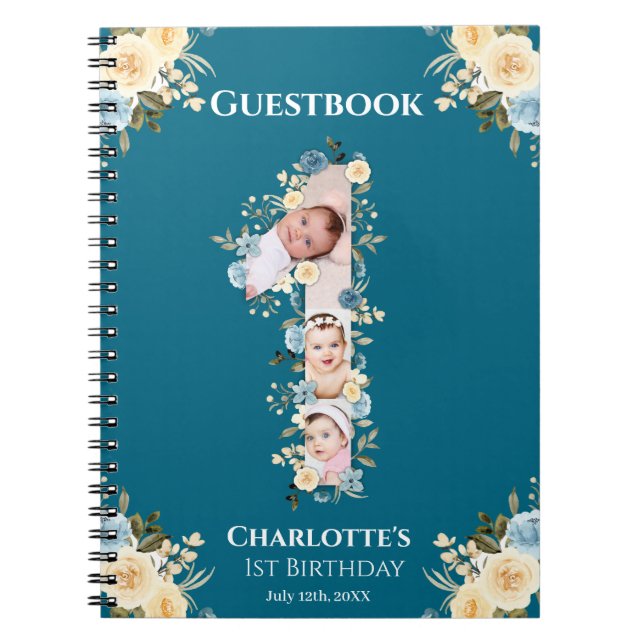 1er anniversaire Turquoise Fleur Photo Jaune Livre (Devant)