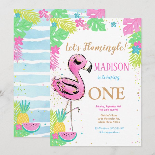 1er Flamant rose Anniversaire Invitation (Devant / Derrière)