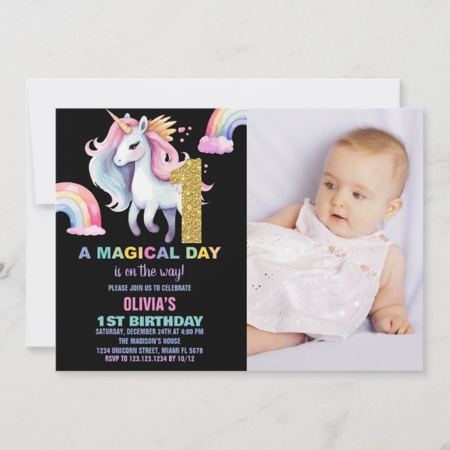 1er Rainbow Unicorn Anniversaire Invitations avec  (Devant)