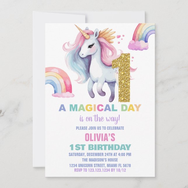 1er Rainbow Unicorn Birthday Invitations Parties s (Devant)