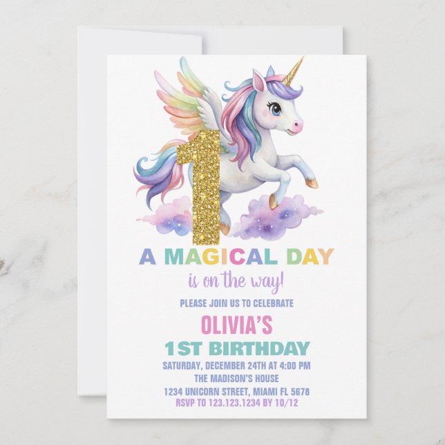 1er Rainbow Unicorn Invitations Anniversaire Vol (Devant)