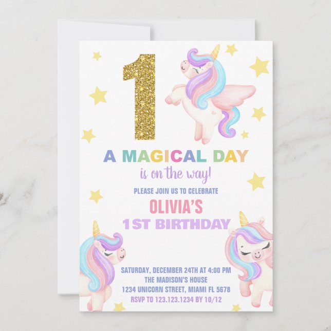 1er Rainbow Unicorn Invitations Anniversaire Vol (Devant)