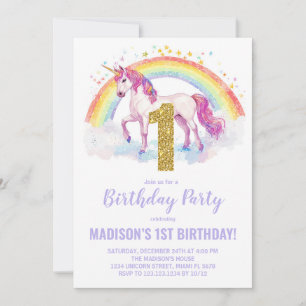 1er Rainbow Unicorn Invitations d'anniversaire