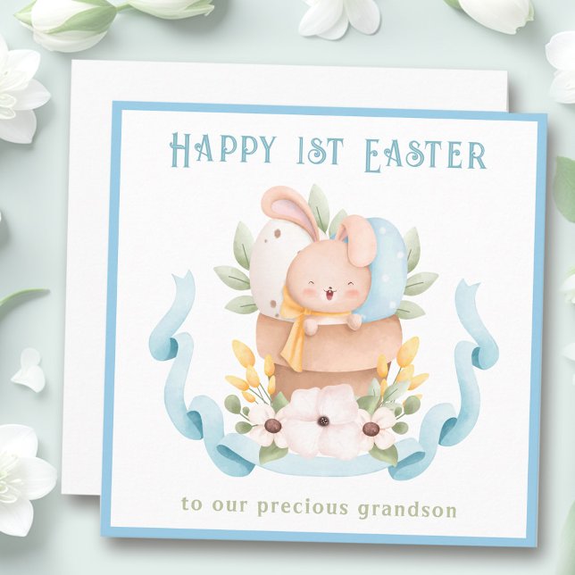 1ère carte Pâques lapin petit-fils bleu carte Pâqu (1st Easter card bunny grandson blue Easter card)