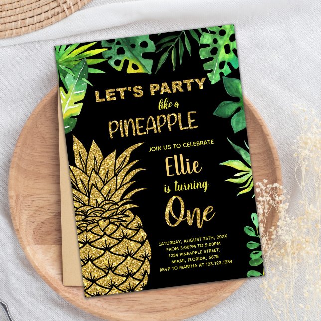 1ère Invitations d'ananas à Parties scintillant d' (1st Black Golden Glitter Pineapple Invitations)