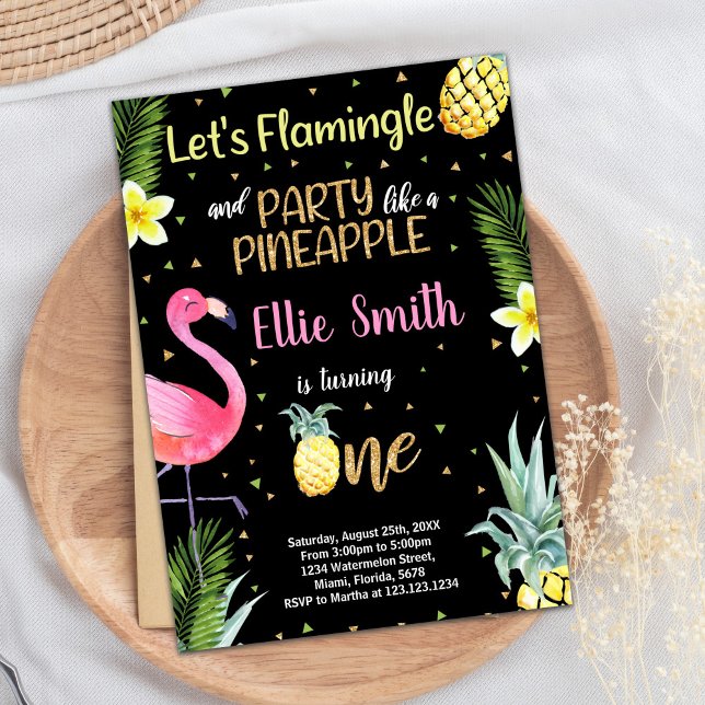 1ère Invitations d'ananas en Flamant rose de Parti (1st Black Glitter Flamingo Pineapple Invitations)