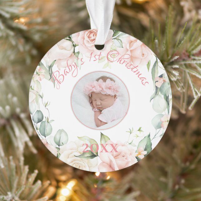 1ère photo de Noël de bébé rose florale (Arbre)