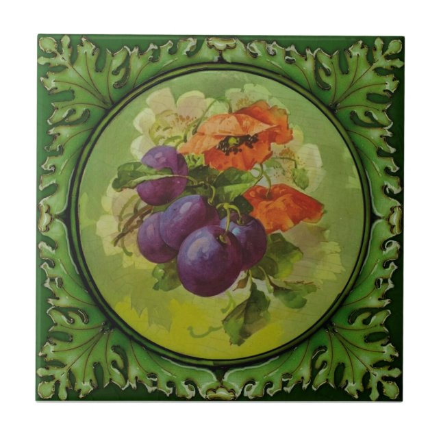 1of 2 Handpainted Floral Fruit Godwin c1900 Repro Tile (Front)